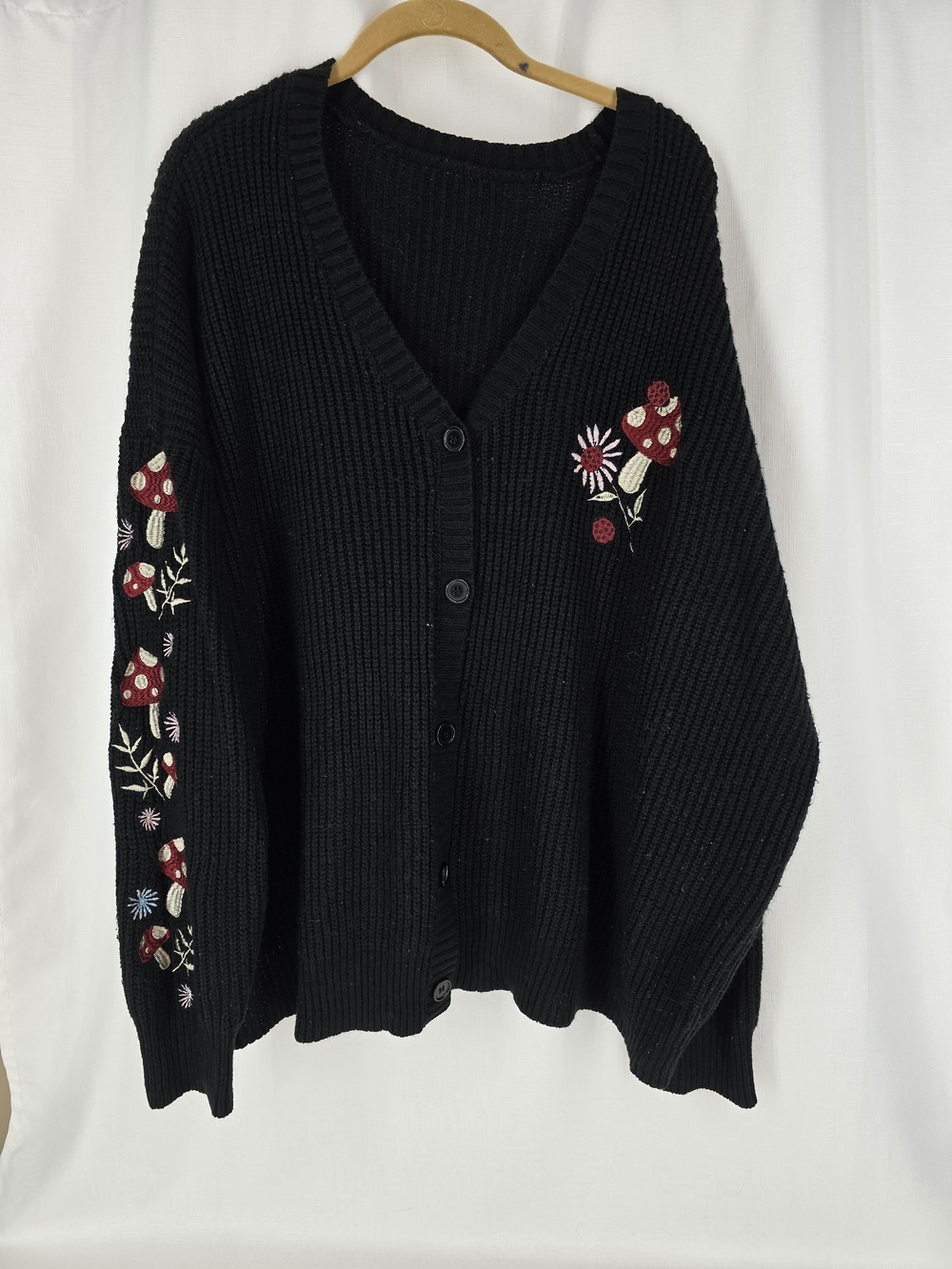 Black V-Neck Button Cardigan with Red Mushroom Embroidery